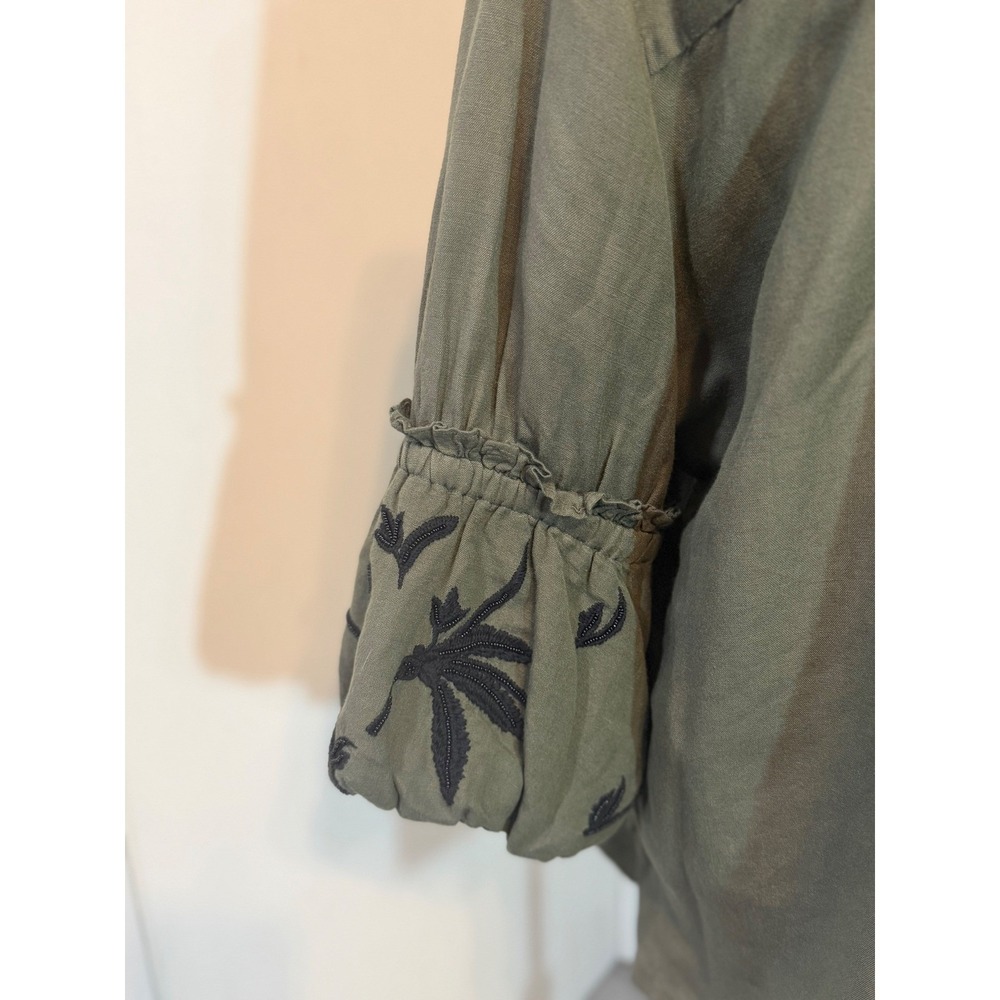 Chico's Olive Green Linen Blend Embroidered Balloon Sleeve Tunic Top XL Boho - Picture 5 of 11